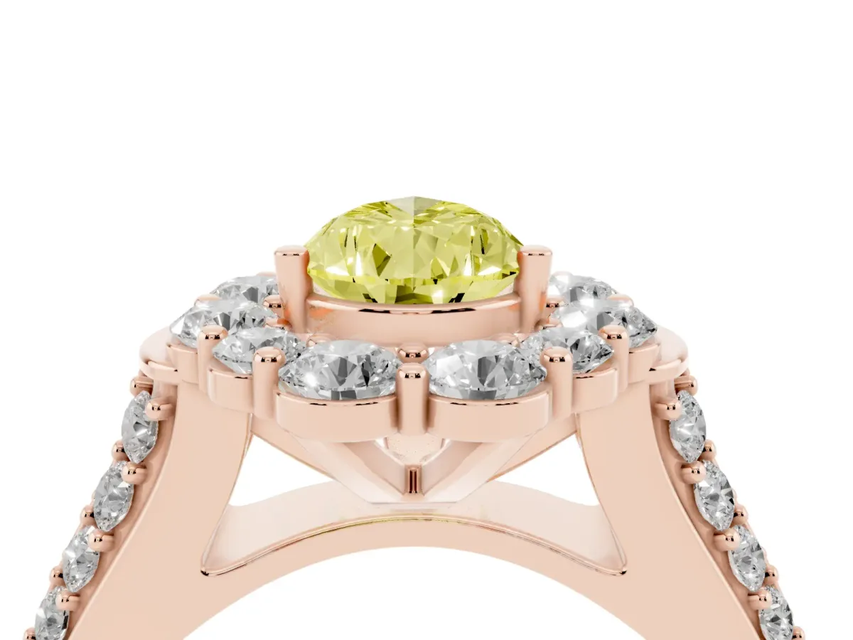 Fancy Yellow Pear Cut Halo Diamond Engagement Ring with Split Shank and Prong Setting Rose gold