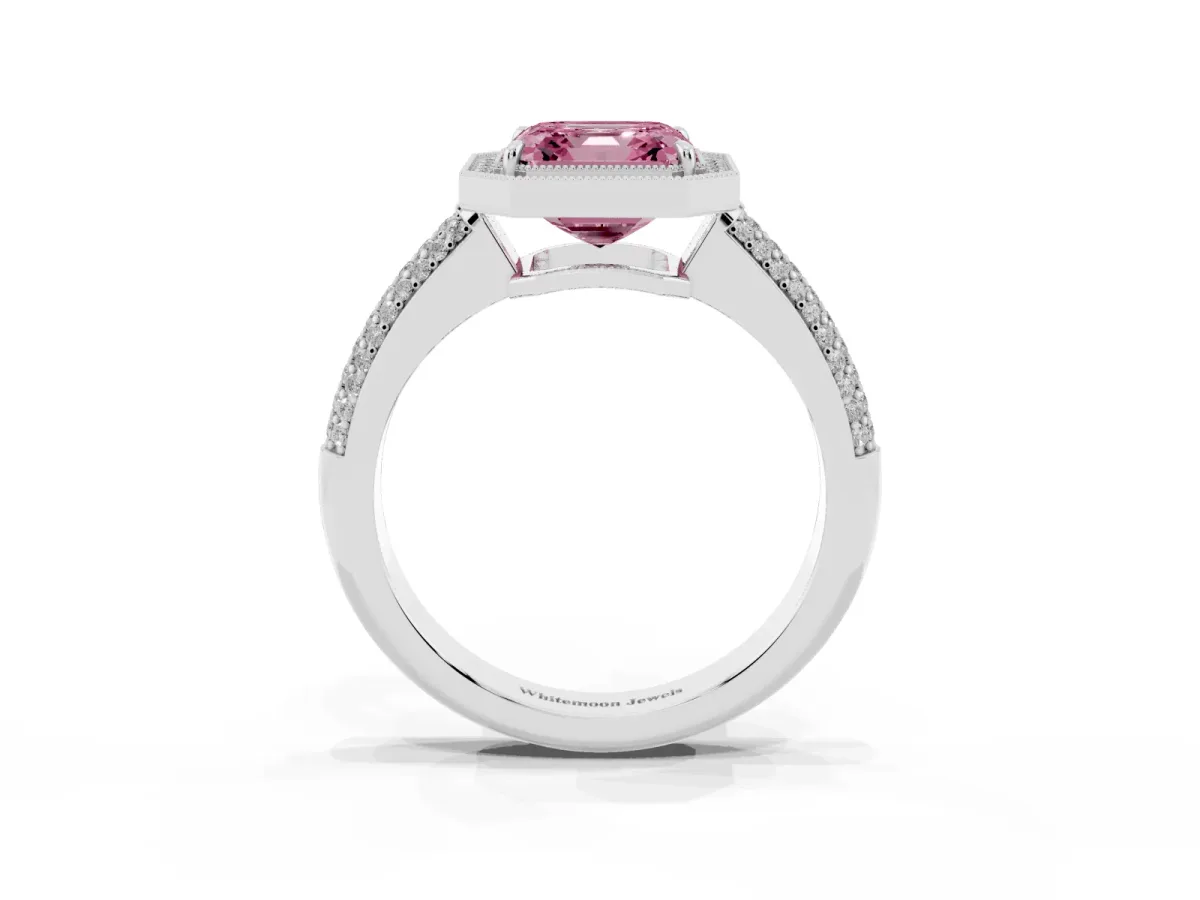 Fancy Pink Asscher Cut Cut Halo Diamond Pave Band with Four-Prong Setting Silver