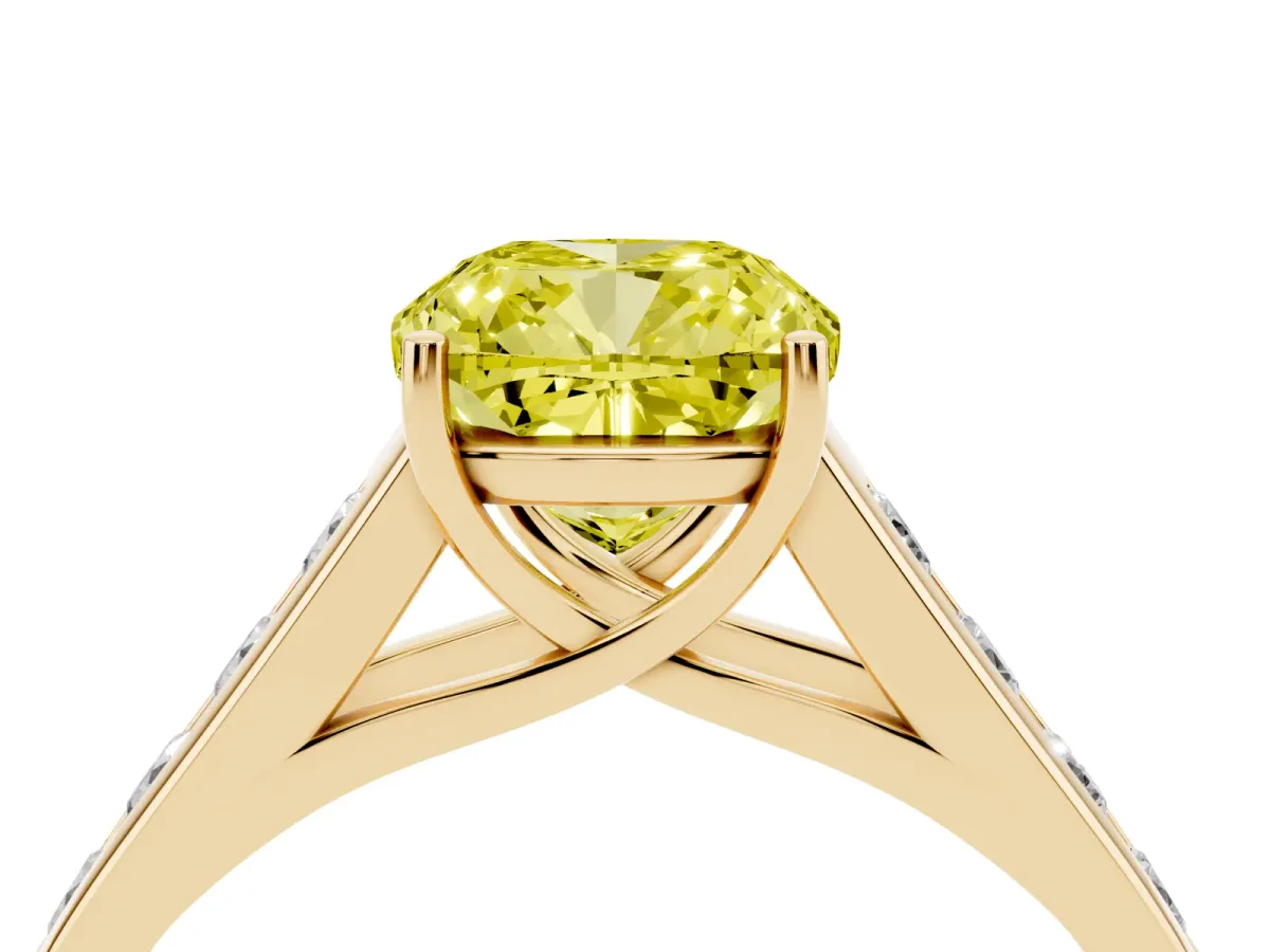 Fancy Yellow Cushion Cut Brilliant Channel-Set Solitaire Ring with Four-Prong Setting Yellow gold