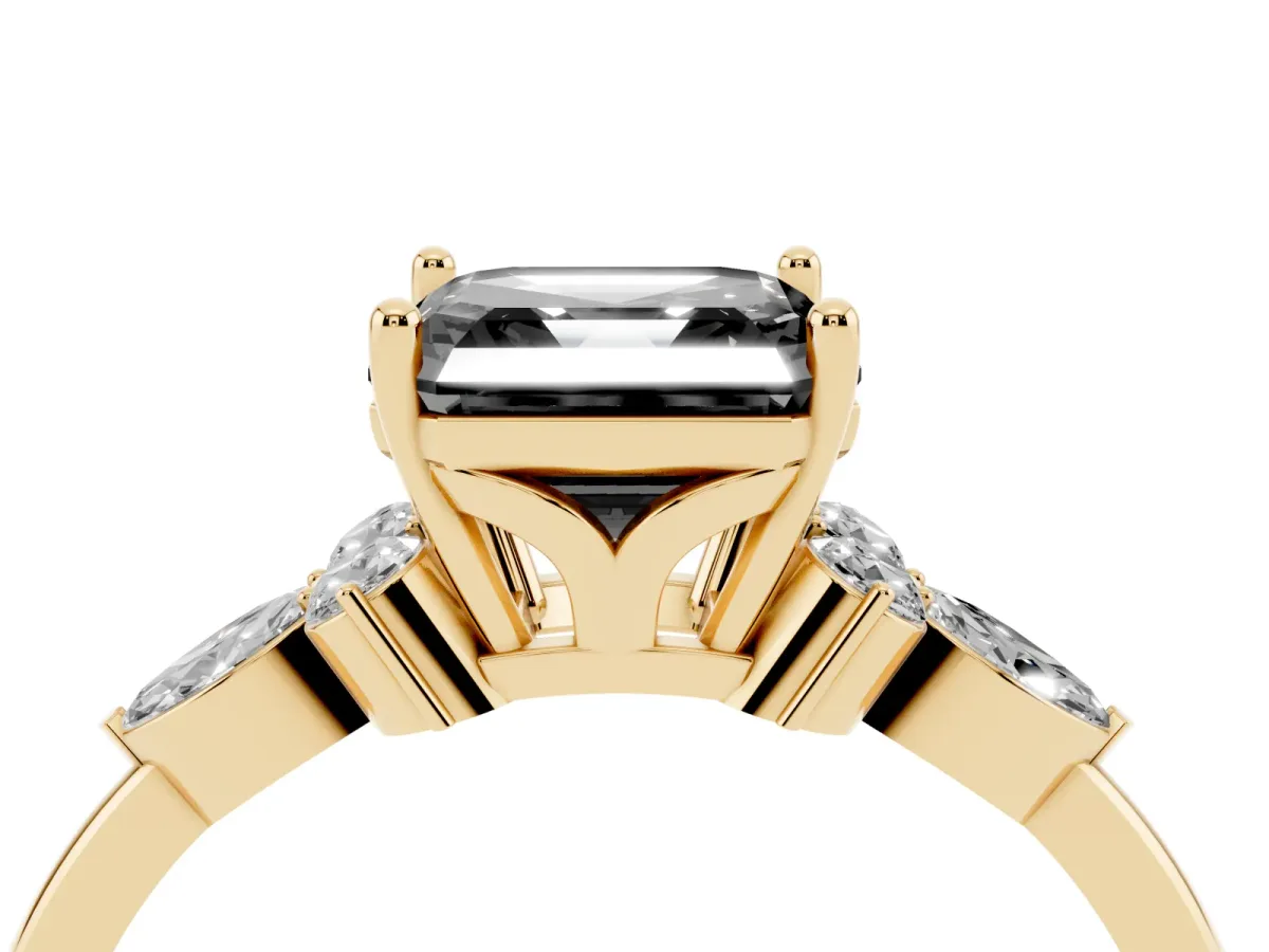 Fancy Black Asscher Cut Brilliant Diamond Solitaire Ring with Pear Side Stones and Four-Prong Setting Yellow gold