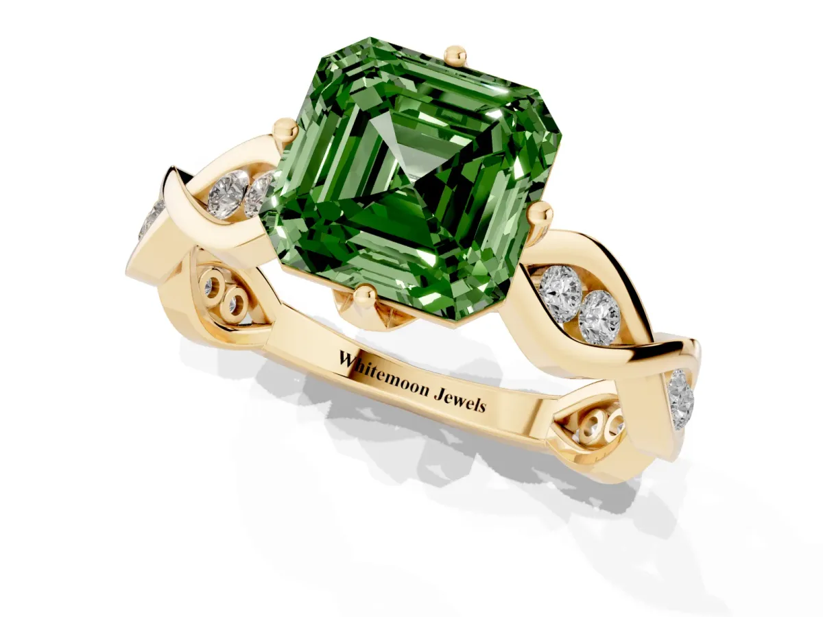 Fancy Green Asscher Cut Solitaire Twist Band with Leaf Prong Setting Yellow gold