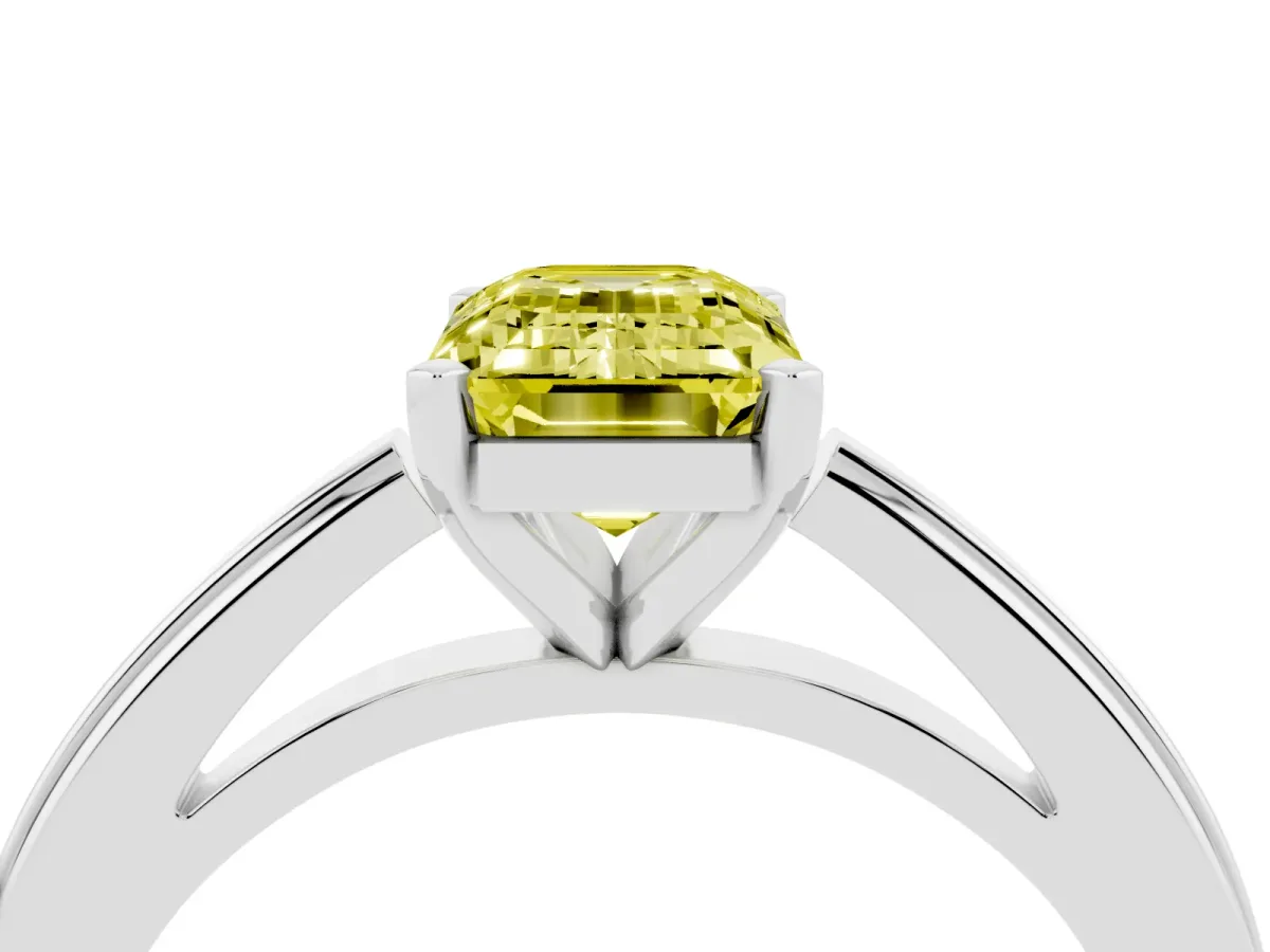 Fancy Yellow Emerald Cut Solitaire Diamond Ring with Four-Prong Setting and Classic Band Silver