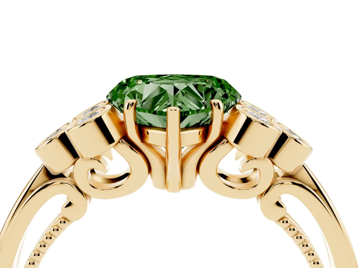 Fancy Green Heart Cut Cut Diamond Engagement Ring with Bezel Set Round Side Stones and Prong Setting Yellow gold
