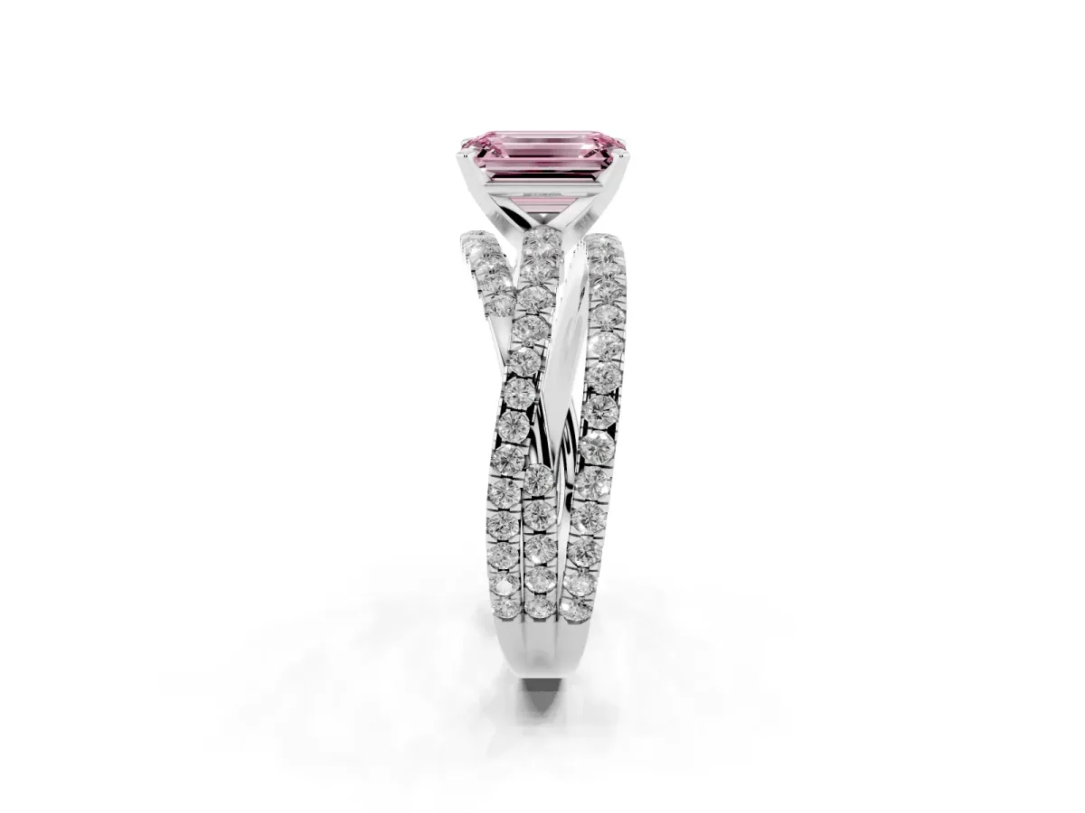 Fancy Pink Emerald Cut Solitaire Twist Band with Pavé Setting and Four-Prong Setting Silver