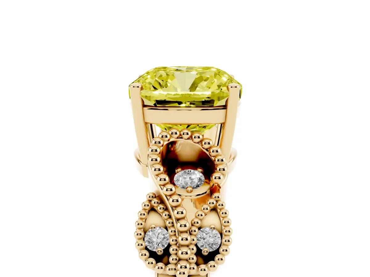 Fancy Yellow Cushion Cut Solitaire Milgrain Leaf Band with Prong Setting Yellow gold