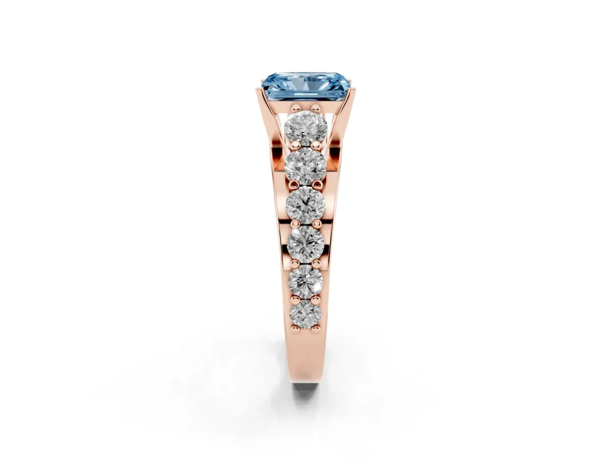 Fancy Blue Radiant Cut Diamond Engagement Ring with Pavé Band and Four-Prong Setting Rose gold