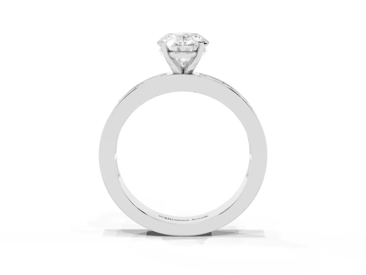 Oval Cut Solitaire Diamond Ring with Channel-Set Baguette Band and Four-Prong Setting White gold