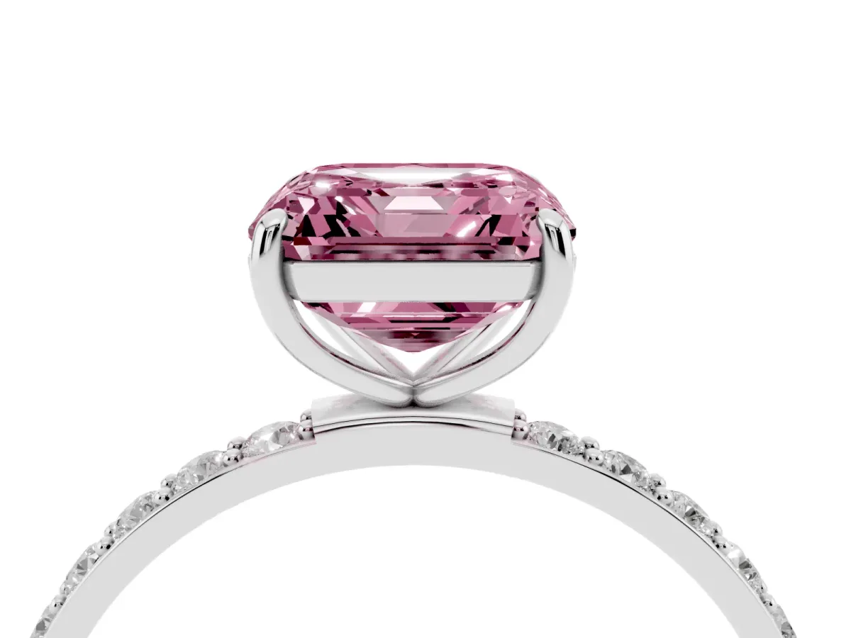 Fancy Pink Asscher Cut Diamond Solitaire Ring with Round Pavé Shoulders and Prong Setting Silver