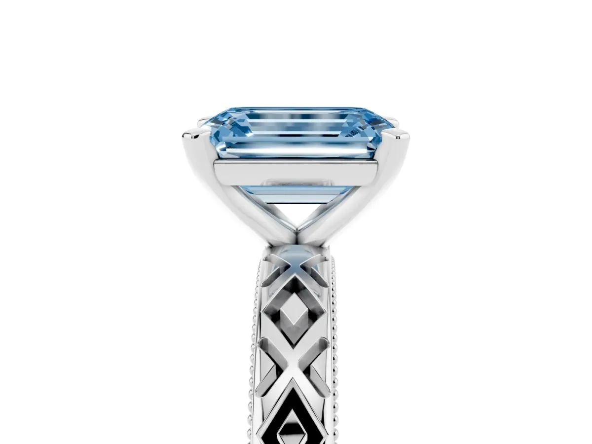 Fancy Blue Emerald Cut Solitaire Diamond Ring with Milgrain and Black Enamel X Pattern Band Silver