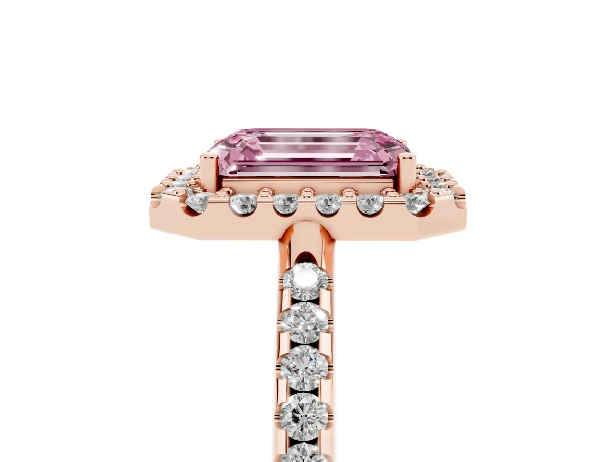 Fancy Pink Emerald Cut Diamond Pavé Halo Ring with Four-Prong Setting Rose gold