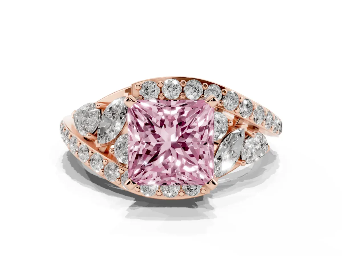 Fancy Pink Princess Cut Diamond Halo Ring with Marquise and Pavé Band in Prong Setting Rose gold