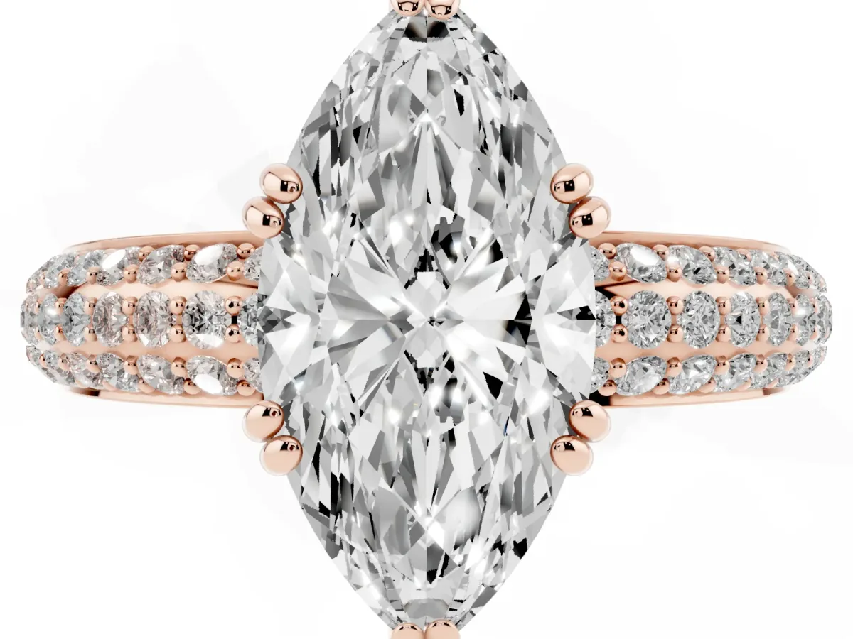 Marquise Cut Diamond Solitaire Ring with Multi-Row Round Pavé Band and Prong Setting Rose gold