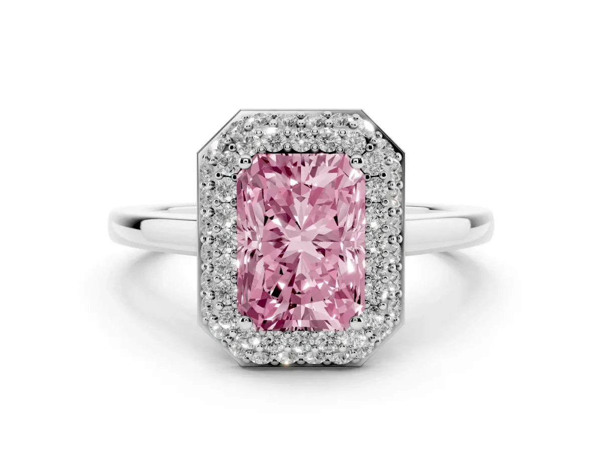 Fancy Pink Radiant Cut Halo Diamond Engagement Ring with Solitaire Band and Four-Prong Setting Silver