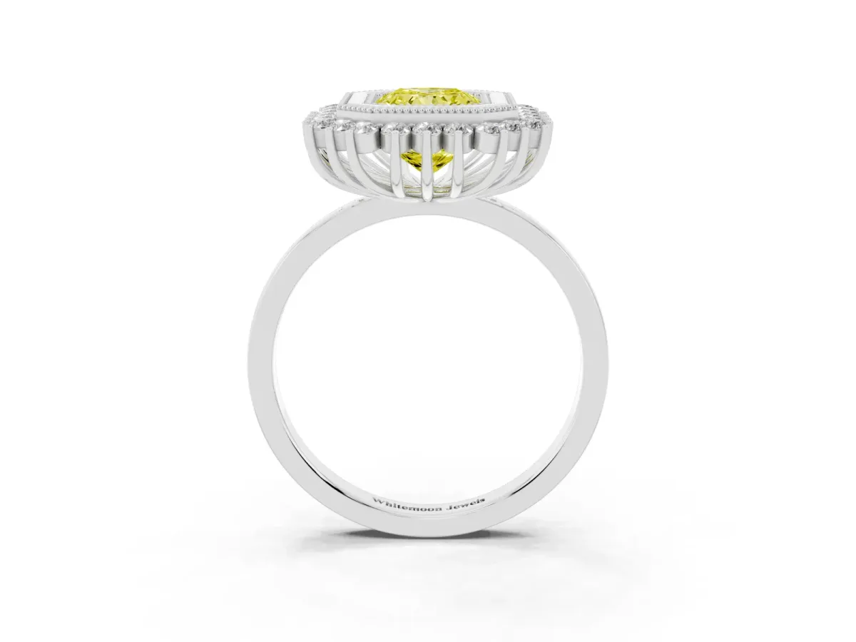Fancy Yellow Radiant Cut Halo Diamond Ring with Milgrain Edge and Round Prong Setting Silver