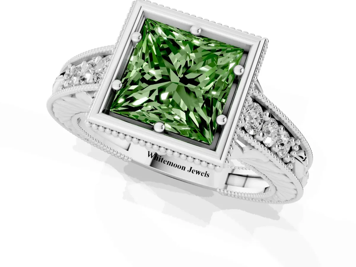Fancy Green Bezel Set Princess Cut Diamond Milgrain Pave Engagement Ring Silver