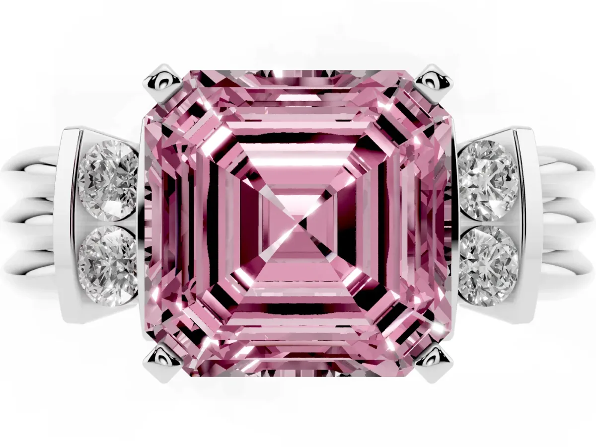 Fancy Pink Asscher Cut Cut Three-Stone Channel Set Ring with Bar Prongs Silver