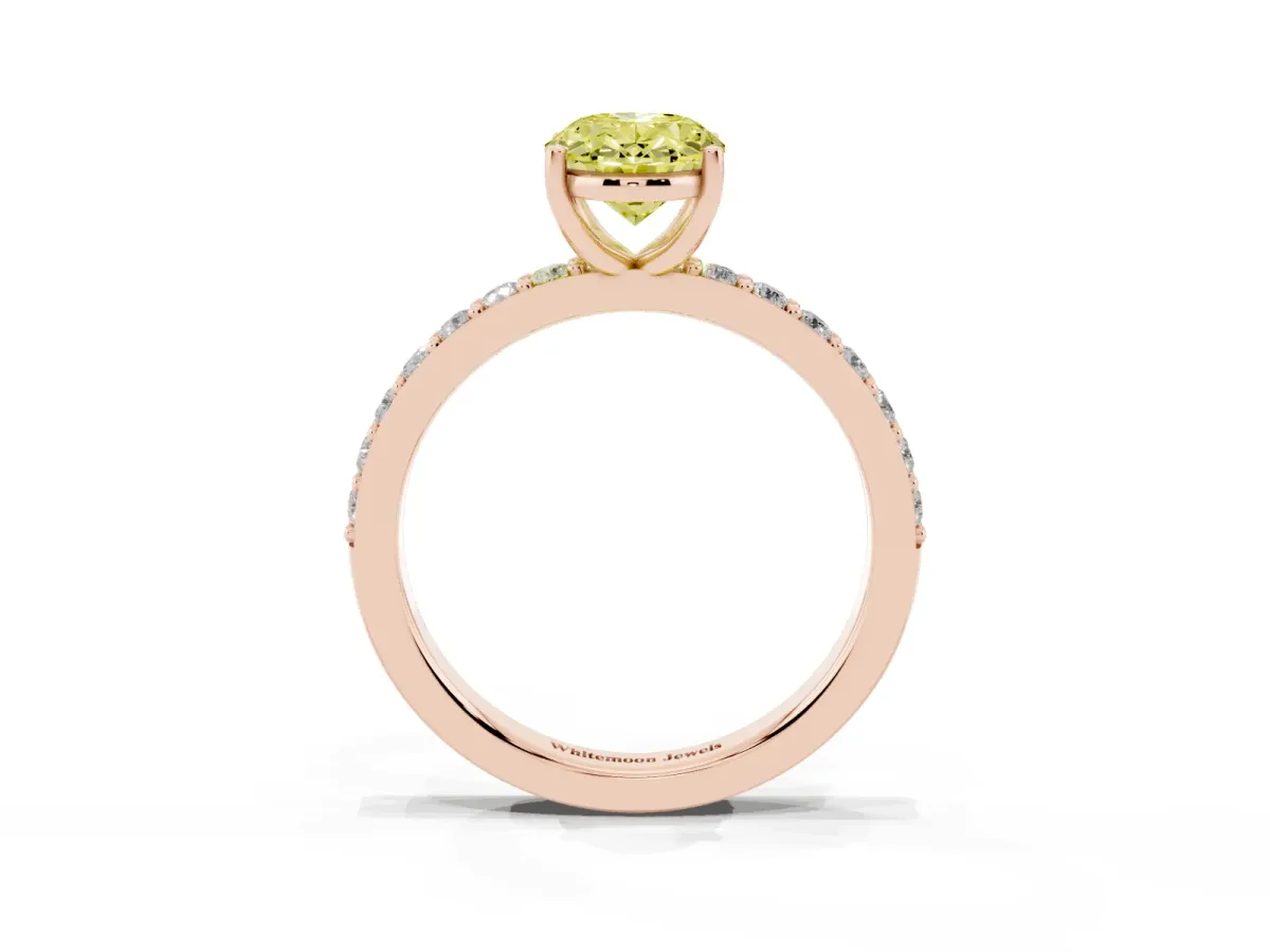 Fancy Yellow Oval Cut Cut Diamond Solitaire with Pave Band and Four-Prong Setting Rose gold
