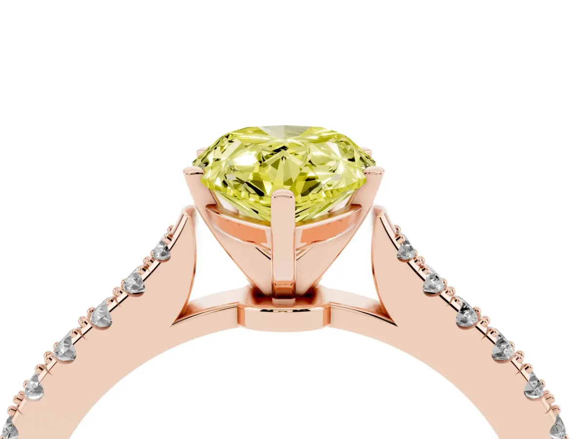 Fancy Yellow Pear Cut Cut Solitaire Diamond Engagement Ring with Pave Band and Four-Prong Setting Rose gold