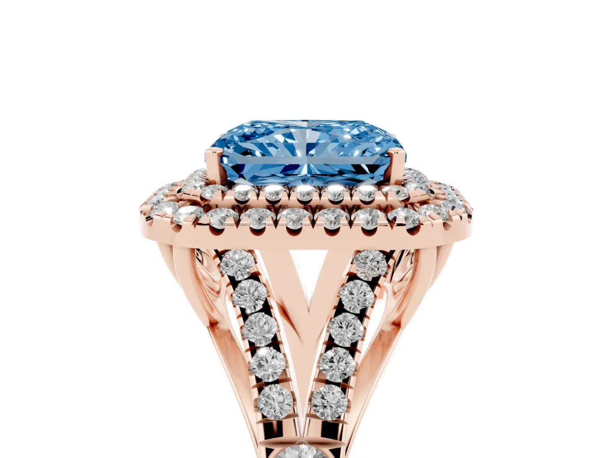 Fancy Blue Radiant Cut Diamond Double Halo Ring with Split Shank and Prong Setting Rose gold