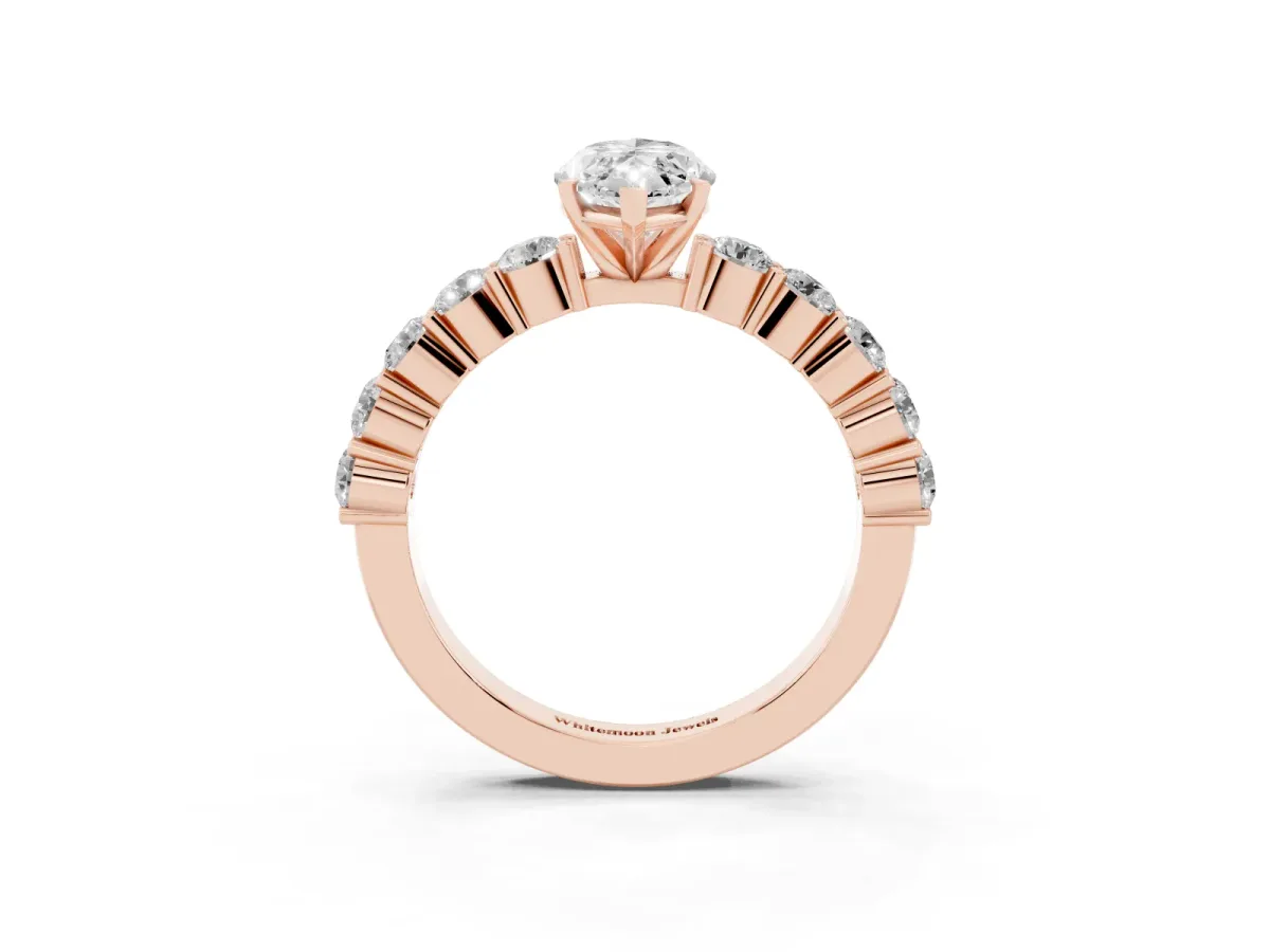 Marquise Cut Diamond Solitaire Ring with Shared Prong Round Side Stones Rose gold