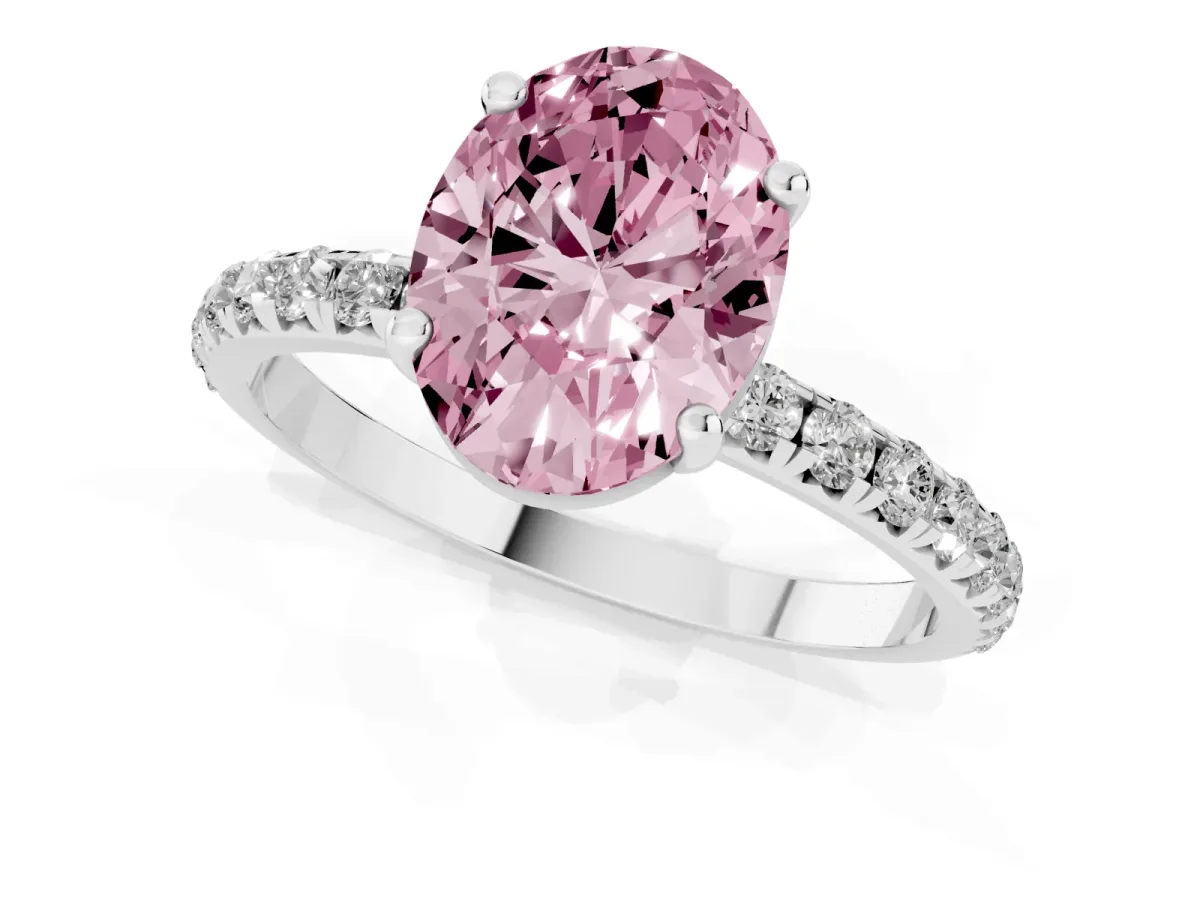 Fancy Pink Oval Cut Cut Diamond Solitaire Ring with Micro Pave Band and Four Prong Setting Silver