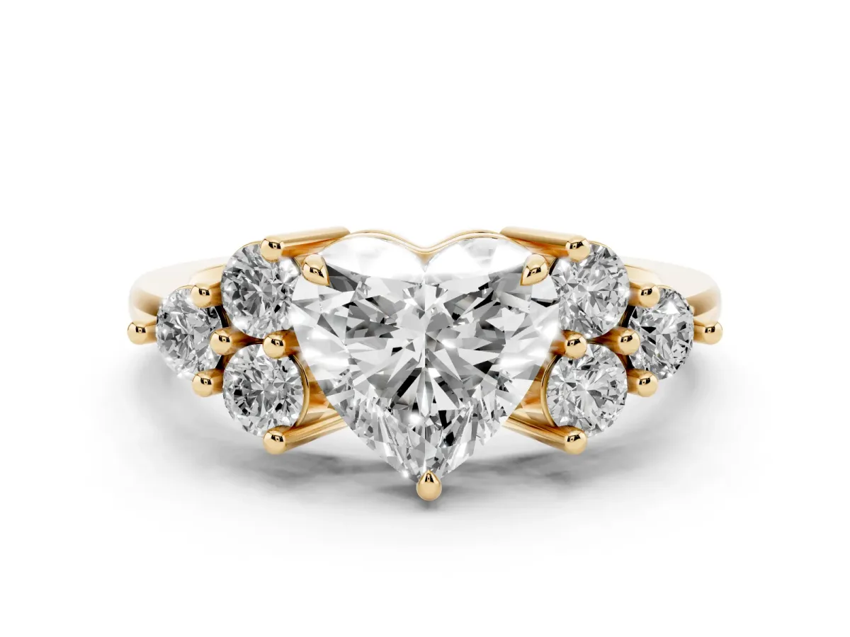Heart Cut Brilliant Diamond Cluster Accent Solitaire Ring with Prong Setting Yellow gold