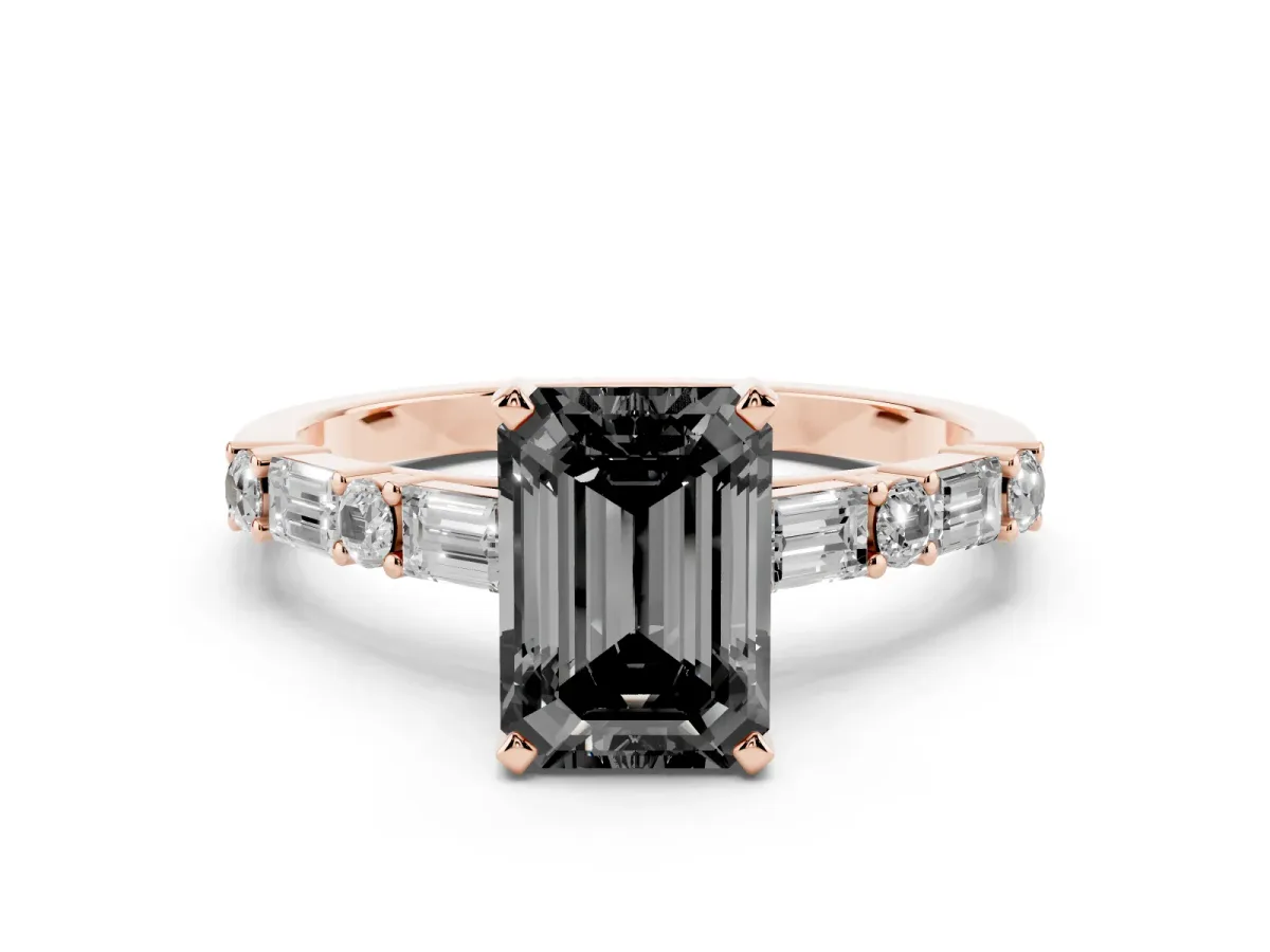 Fancy Black Emerald Cut Diamond Solitaire with Side Baguettes and Channel Set Band Rose gold