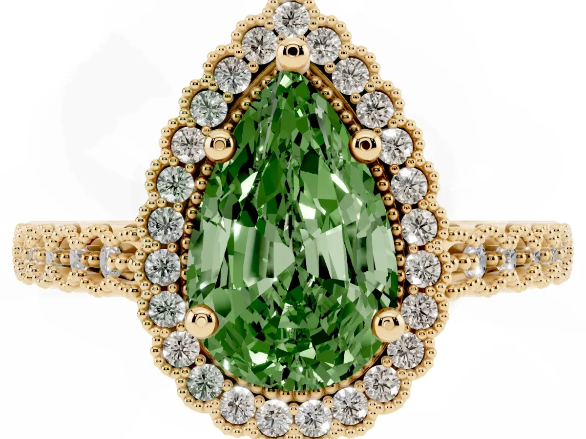 Fancy Green Pear Cut Cut Halo Pavé Solitaire Ring with Milgrain Band Yellow gold