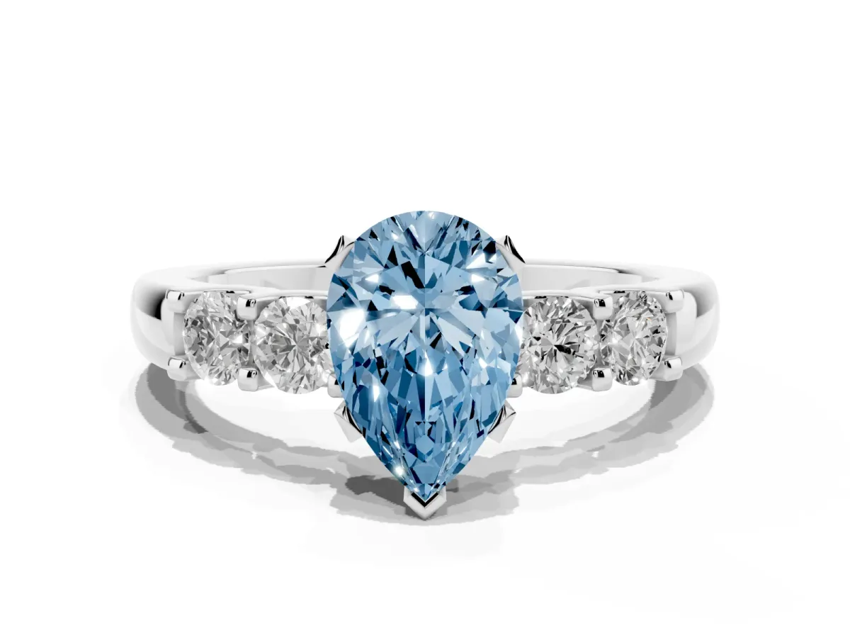Fancy Blue Pear Cut Brilliant Cut Diamond Five-Stone Prong Set Engagement Ring with Channel Band Silver