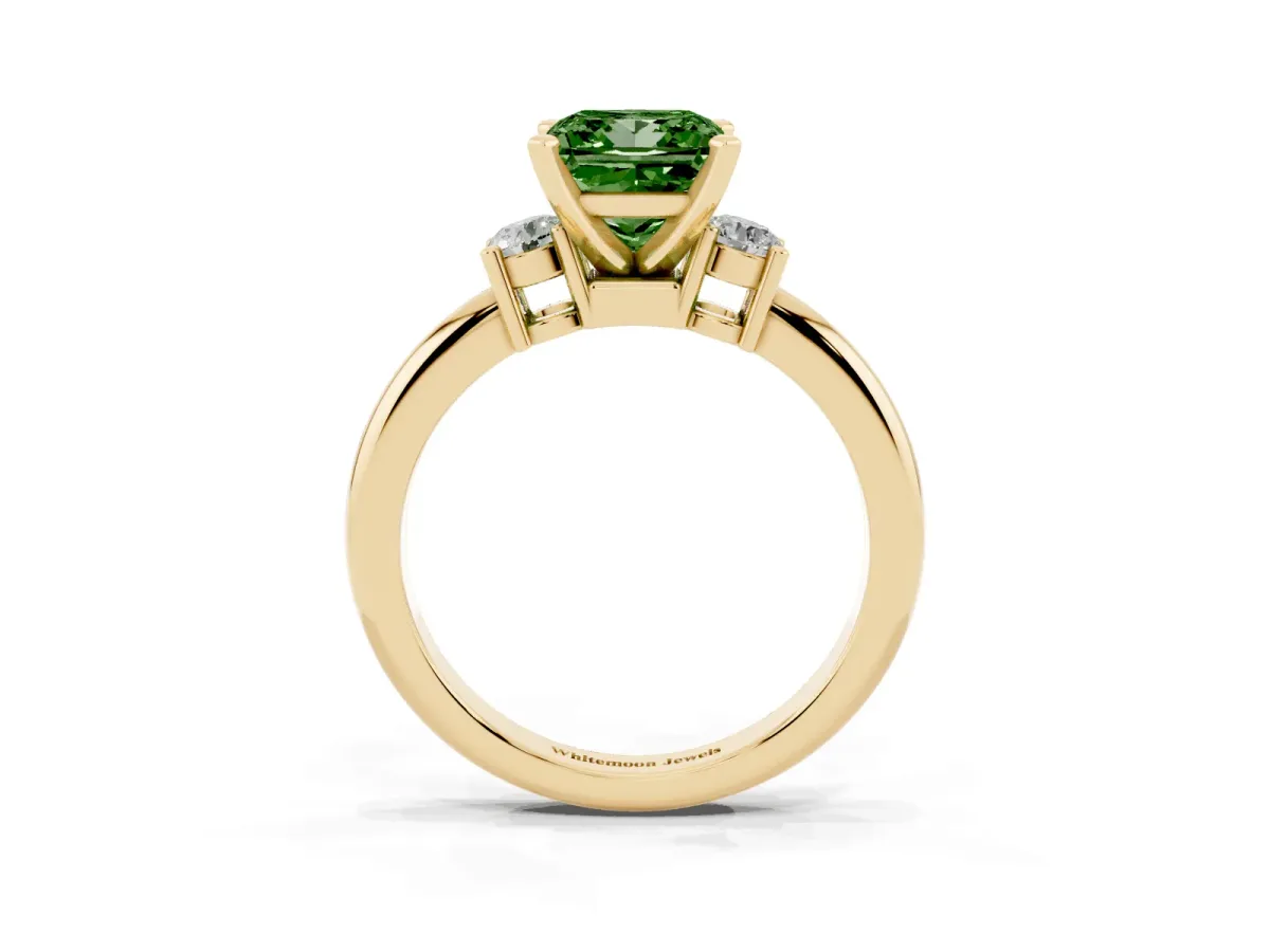 Fancy Green Three-Stone Princess Cut Cut Diamond Solitaire with Prong Setting and Classic Band Yellow gold