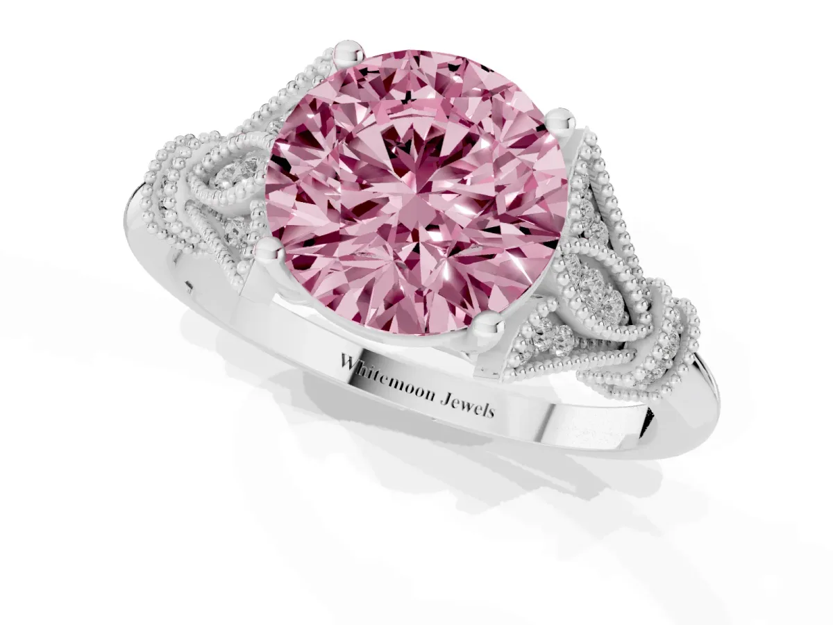 Fancy Pink Round Cut Diamond Solitaire Ring with Floral Filigree and Pave Accents White gold