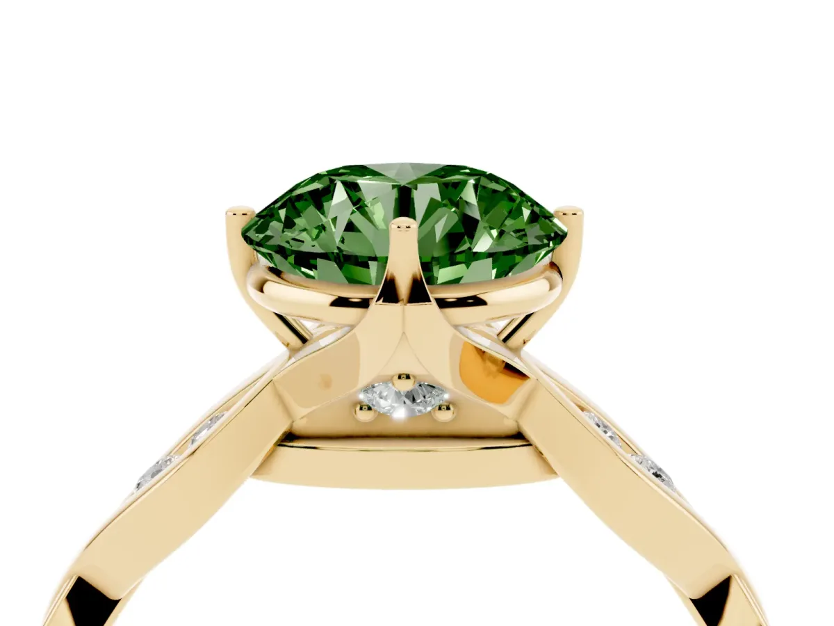 Fancy Green Round Cut Solitaire Twist Band with Leaf Prong Setting Yellow gold