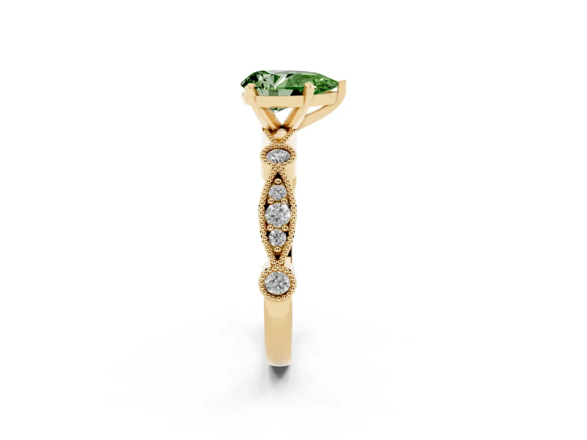 Fancy Green Pear Cut Milgrain Bezel Diamond Engagement Ring with Solitaire Prong Setting Yellow gold