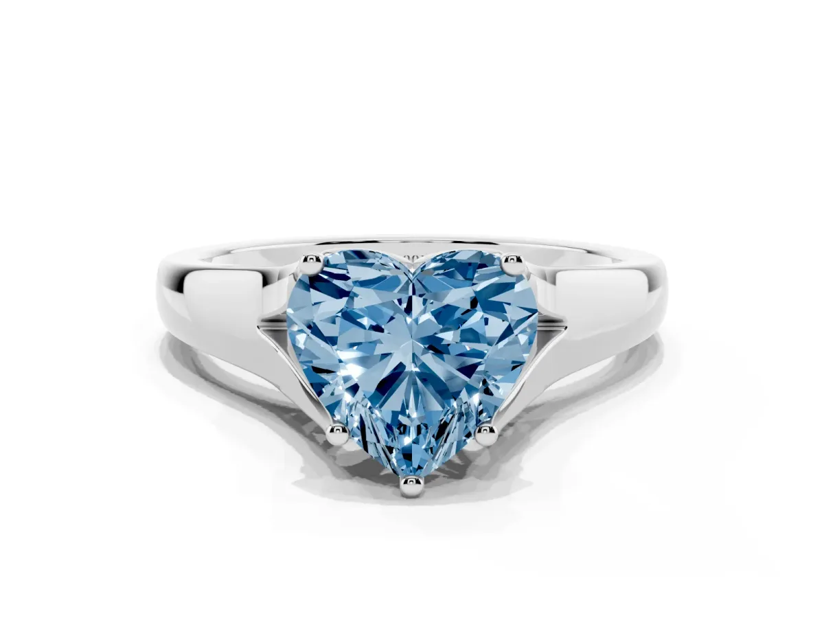 Fancy Blue Heart Cut Solitaire Diamond Ring with Cathedral Band and Four-Prong Setting Silver