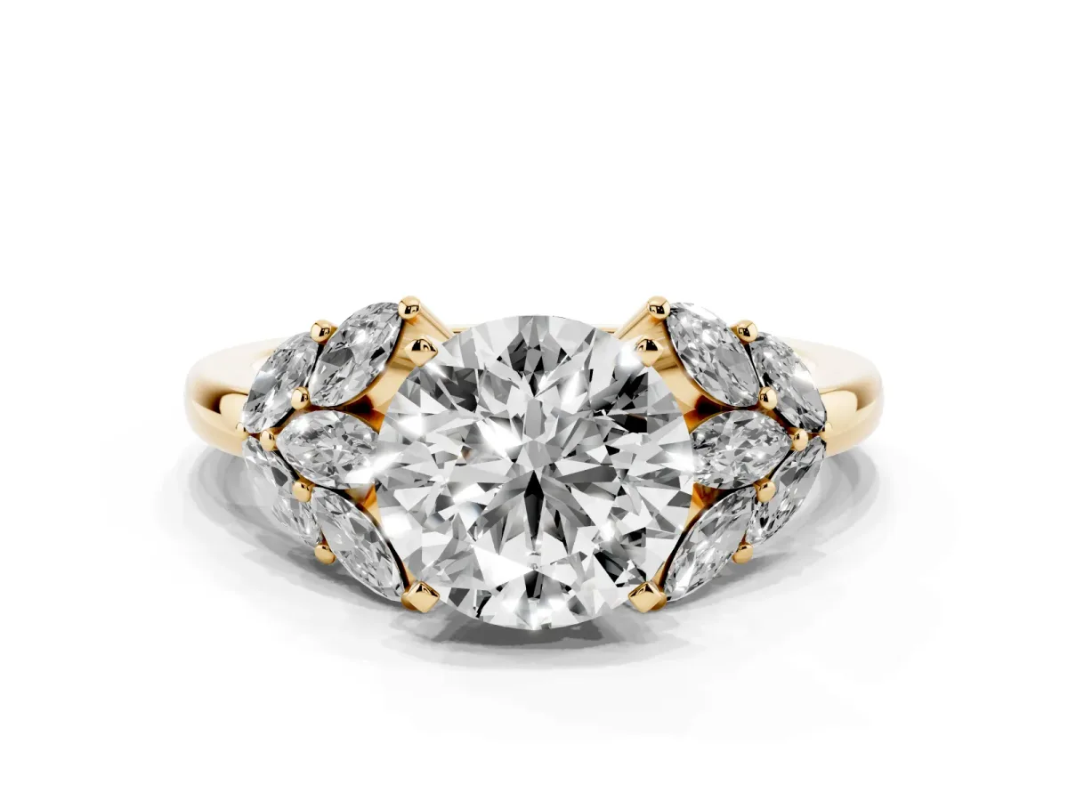 Round Cut Diamond Cluster Leaf Design Ring with Prong Setting Yellow gold