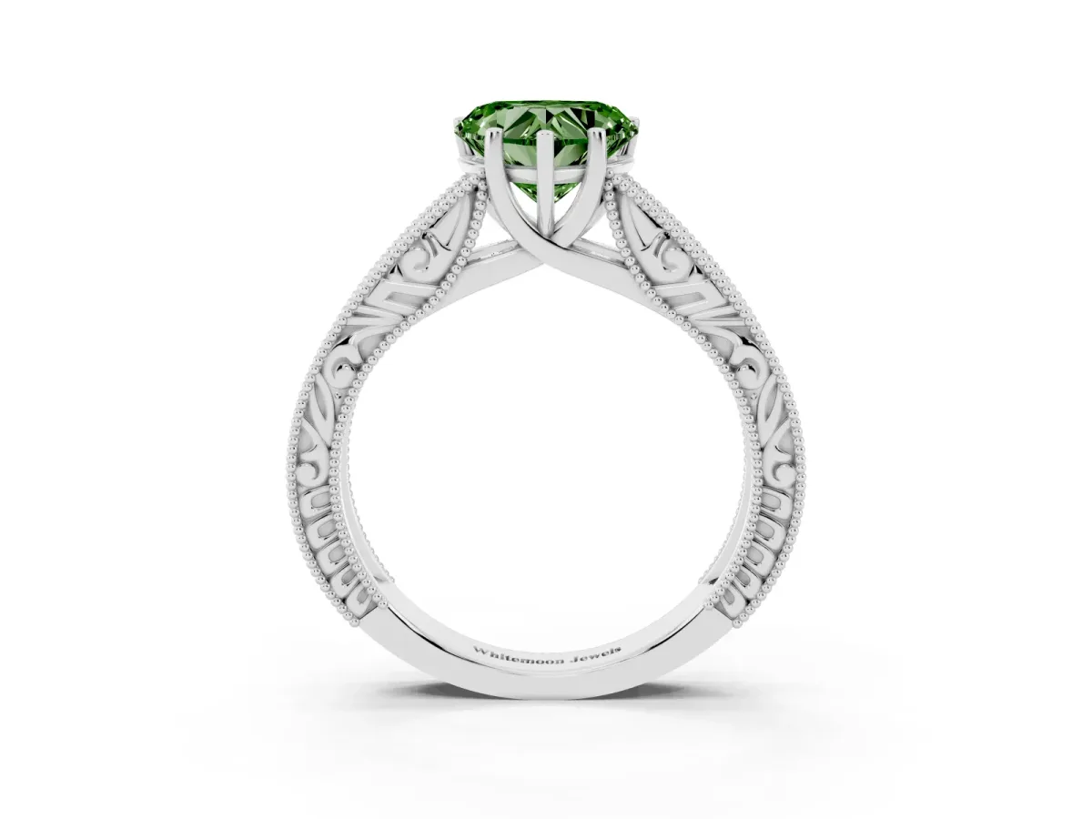 Fancy Green Heart Cut Diamond Solitaire Ring with Engraved Band and Four-Prong Setting Silver