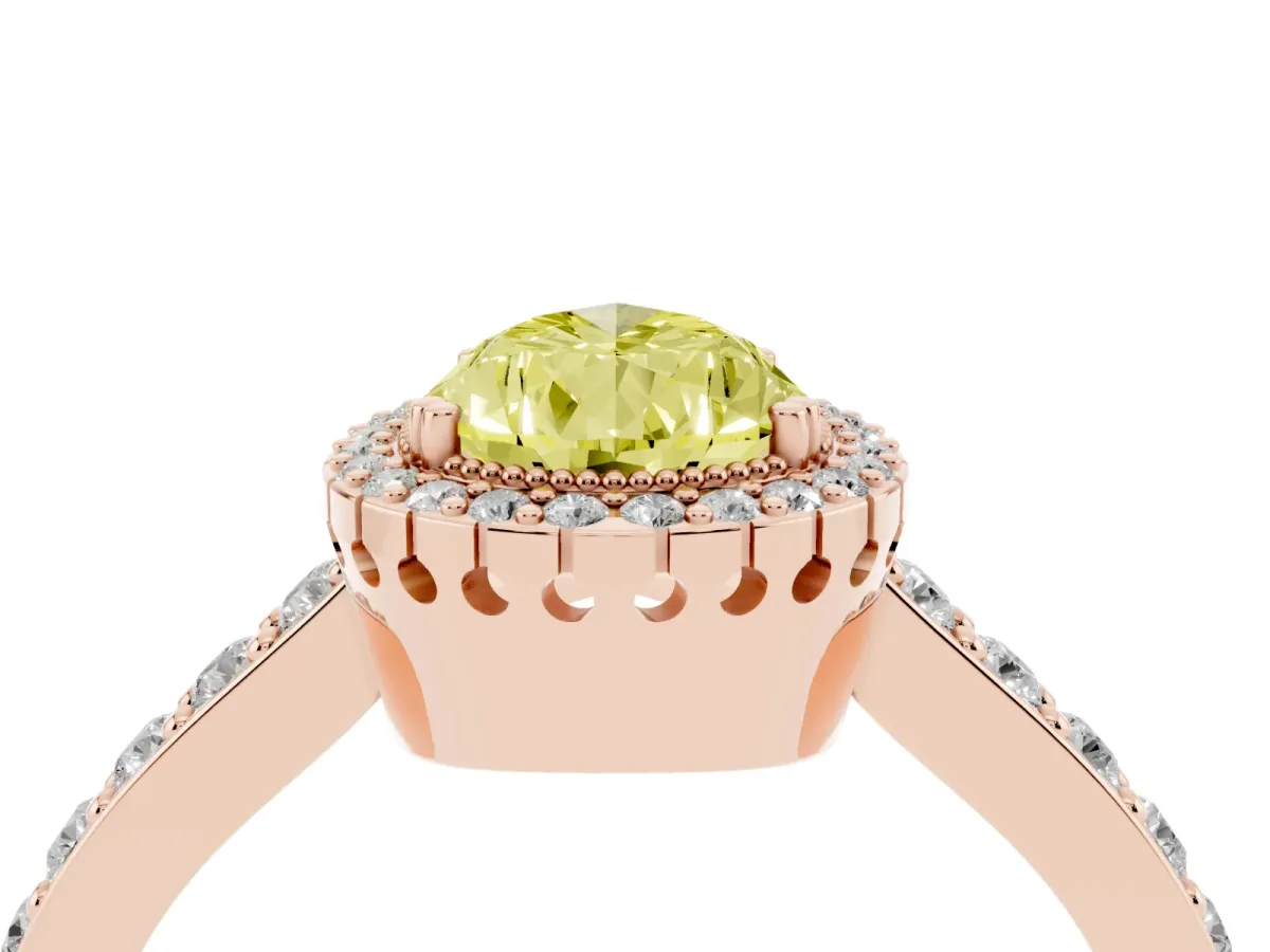 Fancy Yellow Pear Cut Cut Diamond Halo Engagement Ring with Milgrain Detail and Pavé Band Rose gold
