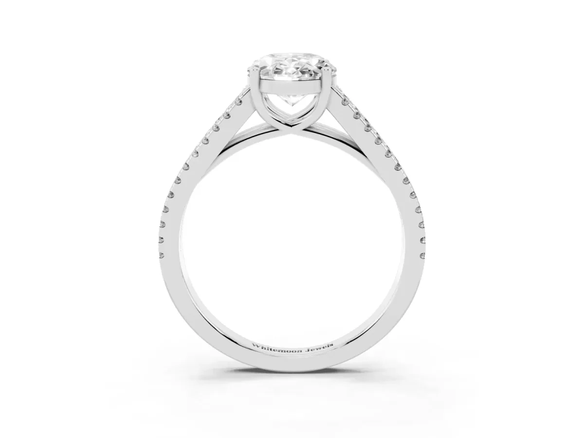 Oval Cut Diamond Solitaire Engagement Ring with Split Shank Pavé Band Silver