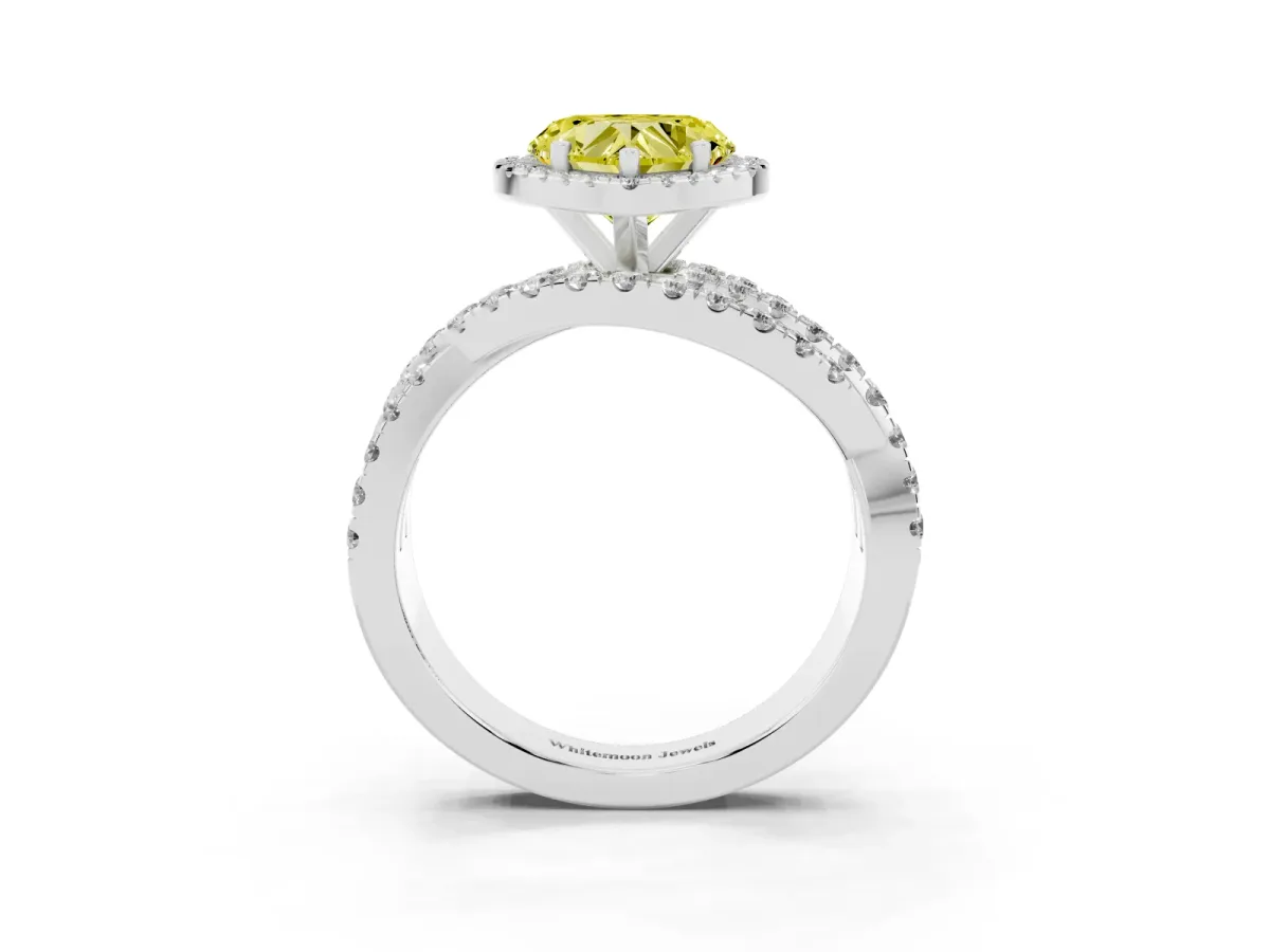 Fancy Yellow Heart Cut Diamond Halo Ring with Round Split Shank and Prong Setting Silver