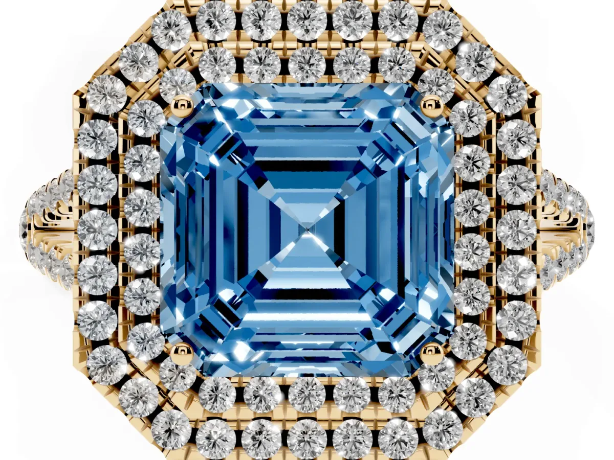 Fancy Blue Asscher Cut Diamond Double Halo Ring with Pavé Band and Prong Setting Yellow gold