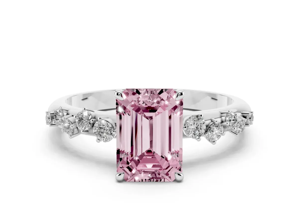 Fancy Pink Emerald Cut Diamond Cluster Prong-Set Solitaire Ring Platinum