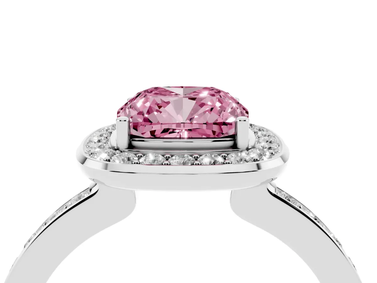 Fancy Pink Cushion Cut Diamond Halo Ring with Bezel Frame and Pavé Band Silver