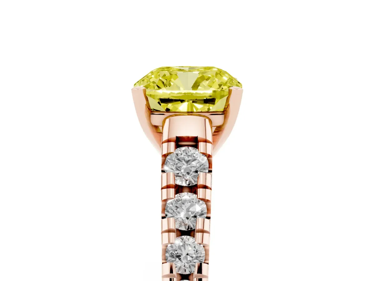 Fancy Yellow Cushion Cut Diamond Cathedral Solitaire Ring with Round Pavé Band Rose gold