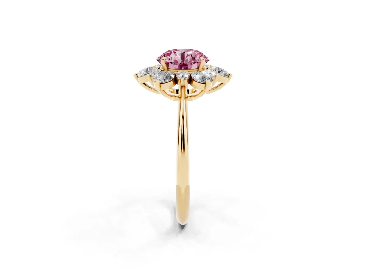 Fancy Pink Round Cut Diamond Cluster Halo Ring with Solitaire Band and Four-Prong Setting Yellow gold