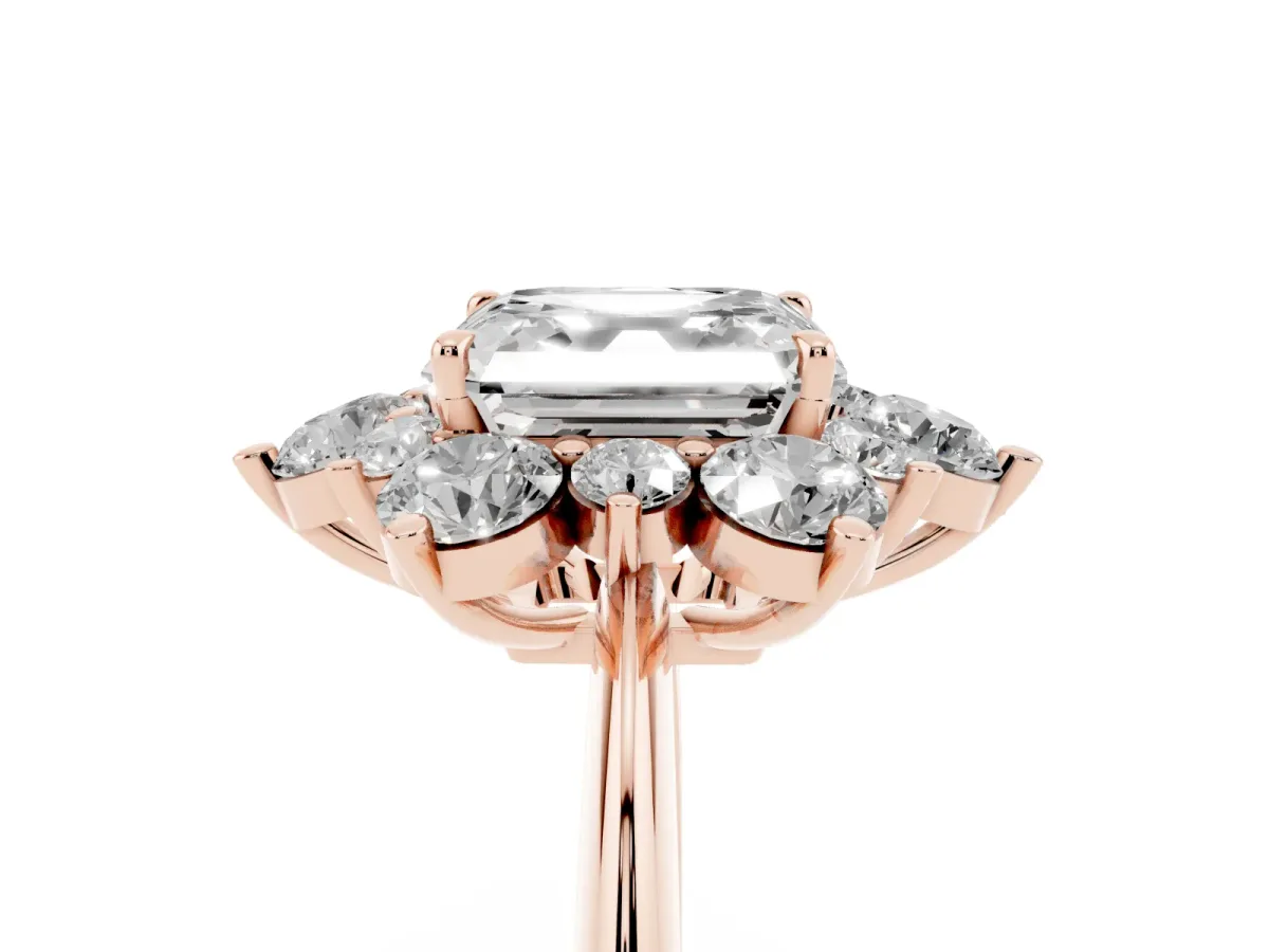 Asscher Cut Diamond Cluster Halo Ring with Solitaire Band and Four-Prong Setting Rose gold