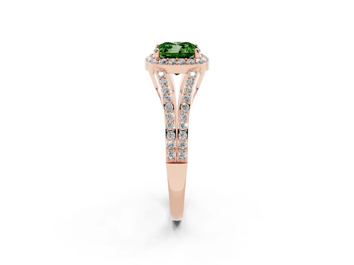 Fancy Green Cushion Cut Halo Split Shank Pave Diamond Ring with Four-Prong Setting Rose gold