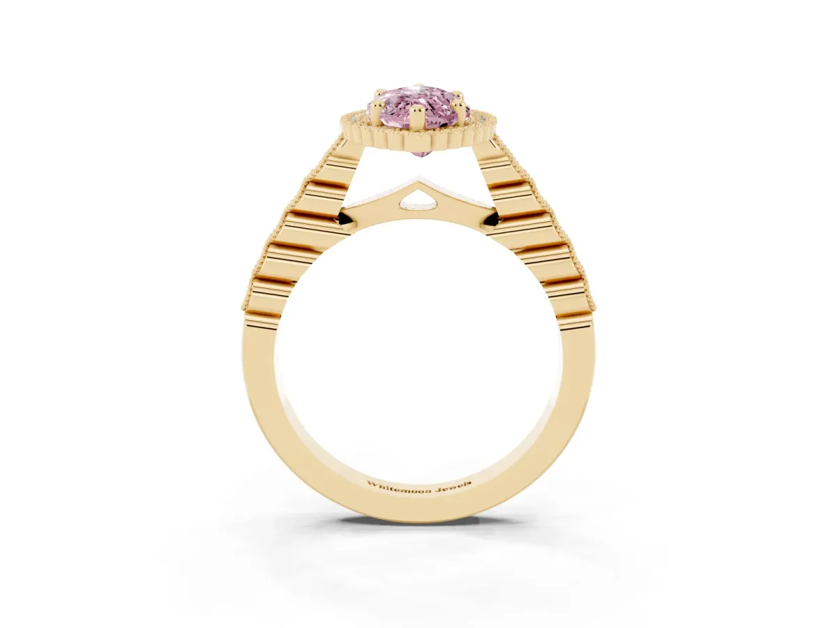 Fancy Pink Marquise Cut Cut Halo Pavé Solitaire Ring with Milgrain Band Yellow gold