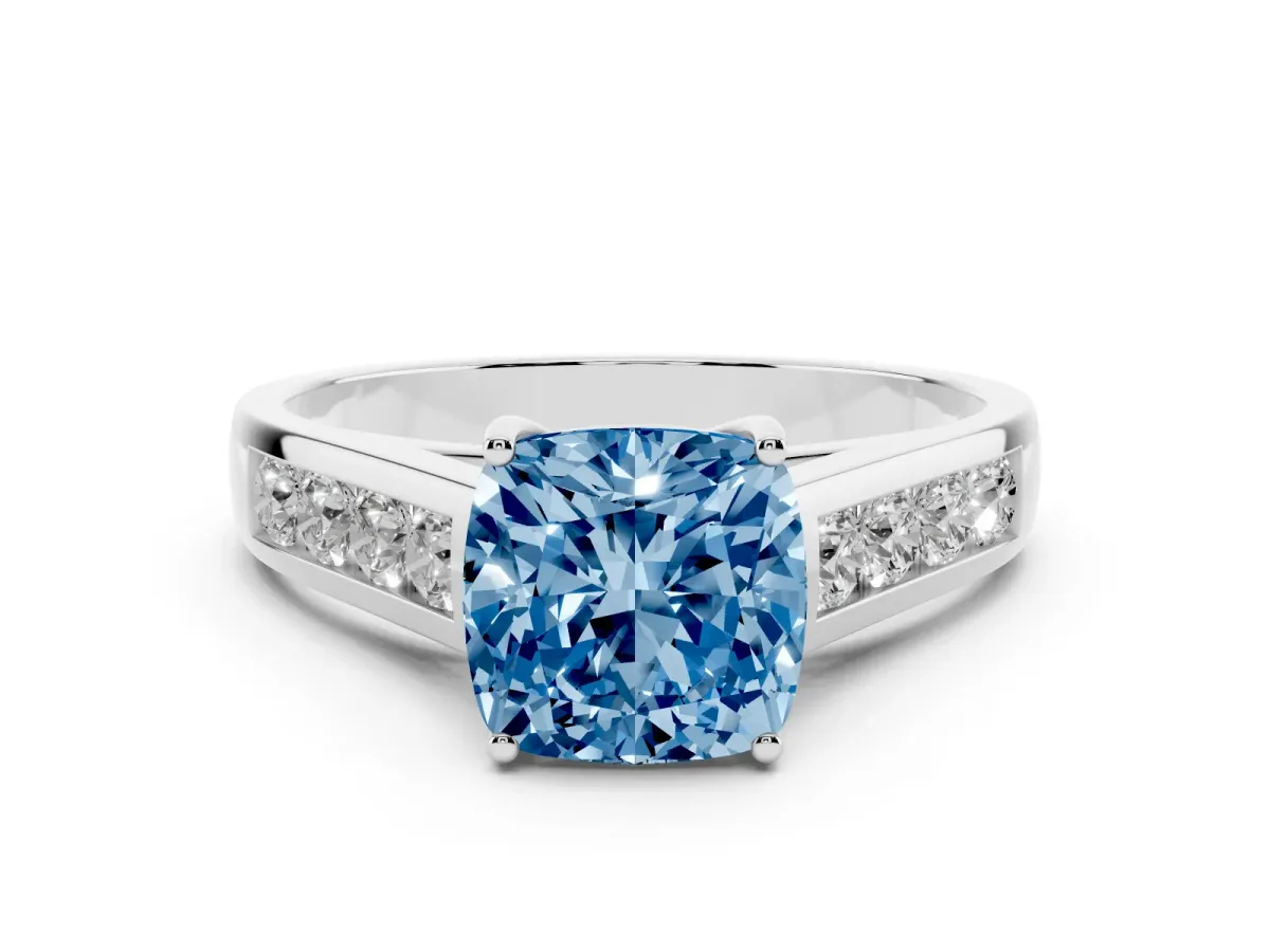 Fancy Blue Cushion Cut Brilliant Channel-Set Solitaire Ring with Four-Prong Setting Silver