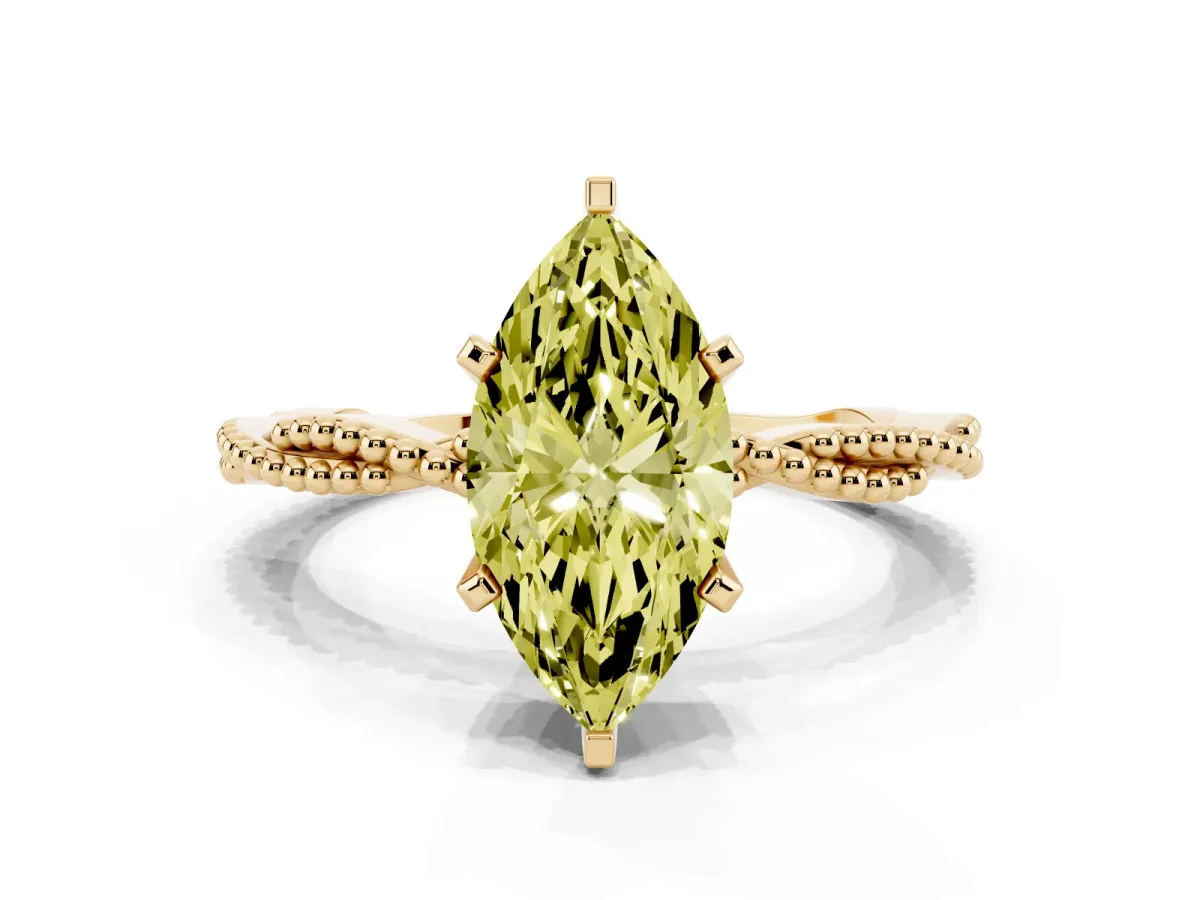 Fancy Yellow Marquise Cut Solitaire Twisted Band with Bead Prong Setting Yellow gold