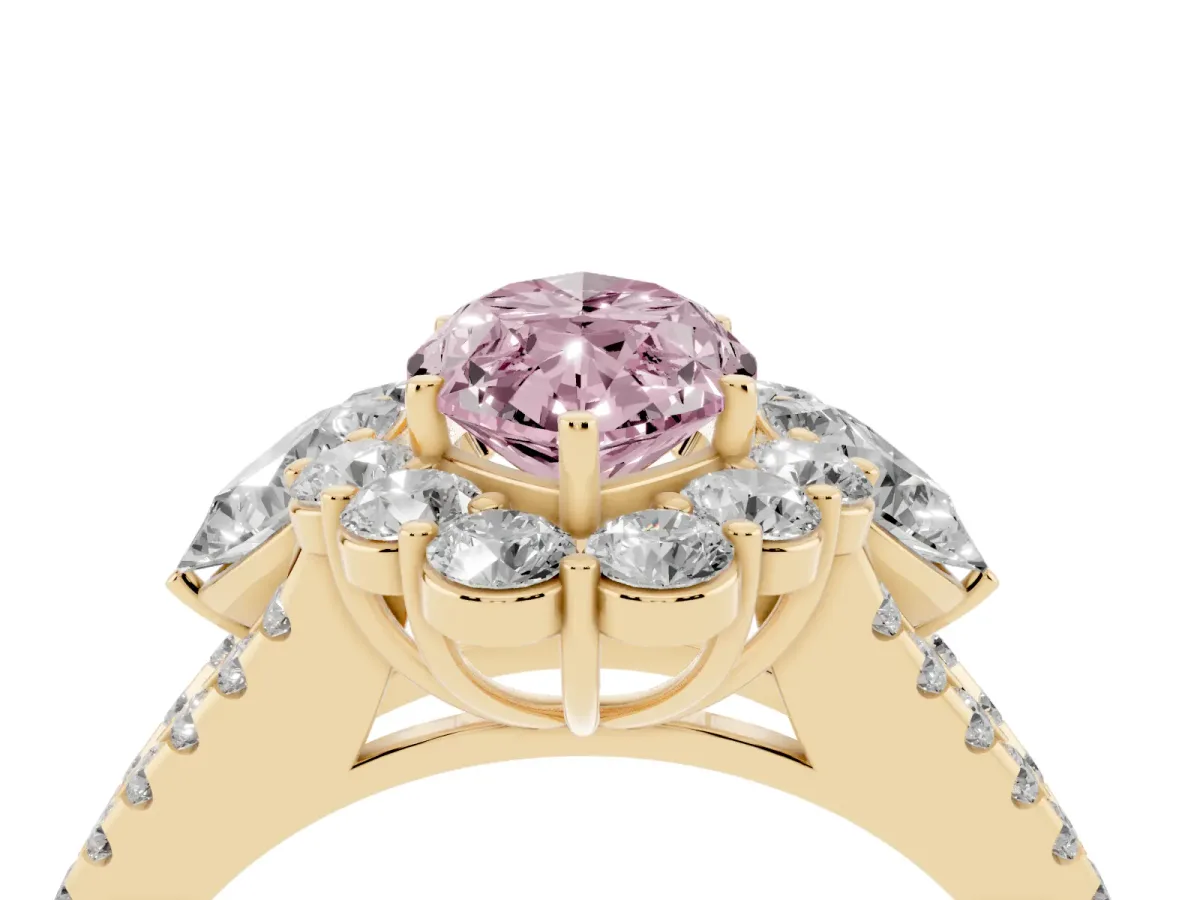 Fancy Pink Marquise Cut Halo Split Shank Diamond Engagement Ring with Prong Setting Yellow gold